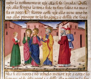 Jesus addresses the woman guilty of adultery. Miniature by Cristoforo De Predis after the History of the New Testament