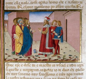 Nicodema the Pharisee visits Jesus. Miniature by Cristoforo De Predis after the History of the New Testament