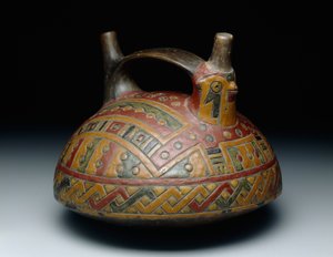 Double-spout strap-handle vessel depicting a falcon, Early Horizon, Epoch 8, c.500-400 B.C. by Culture Paracas