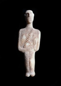 Male Idol, Schematic Figurine with Ochre Inlays by Cycladic Cycladic