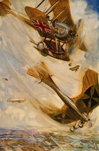 British biplane bringing down a German Taube monoplane with pistol fire, early in the war