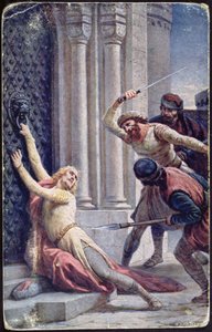Assassination of Saint Wenceslas by his brother Boleslav on the steps of a church, early twentieth century postcard