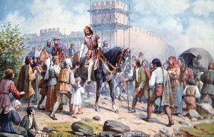 Charles IV greeting ordinary people during his expansion of fortifications of Prague in 1361, early twentieth century postcard by Czech School