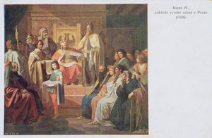Foundation of the German University in Prague by Charles IV in 1348, early twentieth century postcard by Czech School