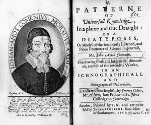 Titlepage and Frontispiece to A Patterne of Universall Knowledge, including a portrait of Jan Amos Komensky, engraved by George Glover, 1651 by Czech School