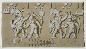 Bas Relief of Ancient Aztec Warriors, from The Stone of Tizoc Commemorating a Ruler Holding his Captives by the Head by D.K. Bonatti