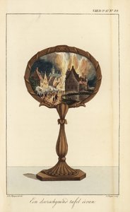 A translucent table screen decorated with a painting of a village on fire by D. Sluyter
