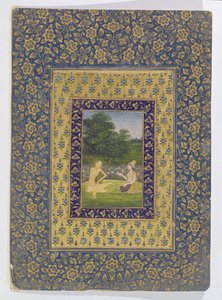 Layla Reading to Majnun, who sits under a tree by a lotus pool, Delhi, c.1720-40