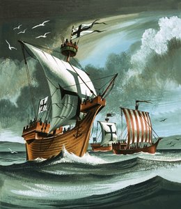 Trading Ships with Teutonic Knights Aboard Closing in on a Pirate Vessel