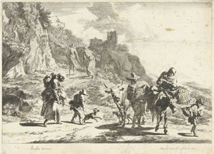 Woman on a Packed Donkey, Man with Cow and Other Travelers in Mountain Landscape by Dancker Danckerts