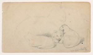 Cat and Three Kittens; Verso: Arab Man Seated Receiving a Man, Possibly After David Roberts, 1844 by Daniel Huntington