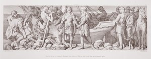 Harold, about to return to England, bids adieu to William, who loads him with farewell gifts, from 