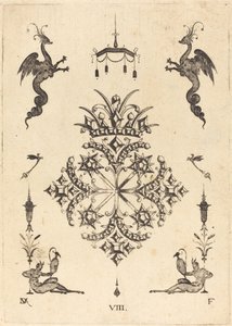 Brooch with Fantasy Animals at Top and Fauns with Vases at Bottom by Daniel Mignot