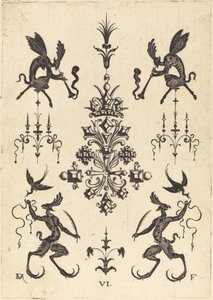 Brooch with Winged Fauns Blowing Trumpets at Top and Fantasy Creatures with Birds at Bottom by Daniel Mignot