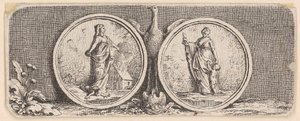 Depiction with Two Medallions, Woman with Foot on a Child and a Burning House, Woman with a Child and a Burning Heart by Daniel Nikolaus Chodowiecki