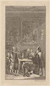 Teacher Conducting Experiments with an Air Pump on a Rabbit in a Room by Daniel Nikolaus Chodowiecki
