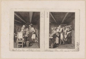 Ludwig Barely Supports the Family with His Work [left]; The Father Returns Enriched with Treasures to His Family [right] by Daniel Nikolaus Chodowiecki