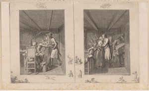 Ludwig barely supports the family through his work [left]; The father returns to his family enriched with treasures [right] by Daniel Nikolaus Chodowiecki