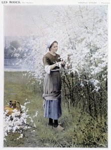 Spring: Woman Collecting Flowers - Illustration by R. Knight, circa 1905 by Daniel Ridgway Knight