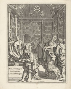 Library Interior with Clerics Title Page for: Bibliotheque des Auteurs Ecclesiastiques, No Date by Daniël met de Penningen