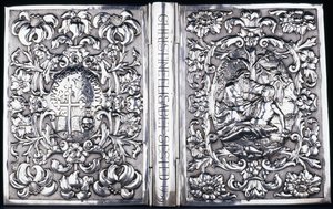 Upper and Lower Book Cover with Foliage and an Image of the Good Samaritan by Danish School