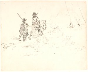 A rider followed by a man on foot, both in old-time attire by Dankvart Dreyer