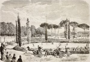Chariot races in Villa Borghese, Rome, Italy, engraving from drawing by Dante Paolocci