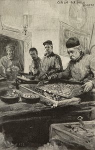 Counting coins in mint of Rome, Italy (engraving) by Dante Paolocci