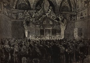 Leo XIII receiving French pilgrims in Ducal Hall, Papal Jubilee, Vatican (engraving)