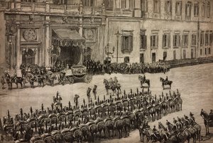 Opening of Parliament, Arrival of King Umberto I to Montecitorio, Rome, Italy, Engraving from Drawing by Dante Paolocci, L