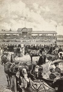 The grandstand, horse racing in Turin, Italy, engraving from drawing by Dante Paolocci