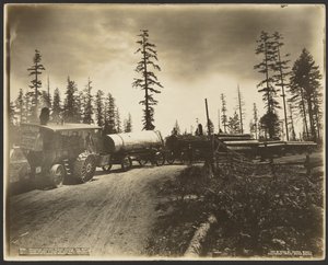 Threshing Machine Engine Hauling Five Wagon Loads of Logs by Darius Kinsey