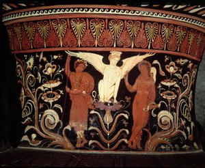 Apulian red-figure volute crater, detail of the neck depicting Oedipus and the Sphinx