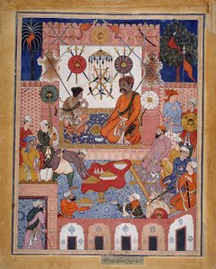Misbah the Grocer Brings the Spy Parran to his House, Folio from a Hamzanama