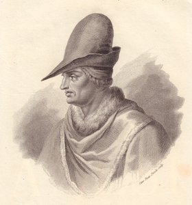 Portrait of Italian military leader Uguccione della Faggiola, copper engraving by Caterina Piotti-Pirola