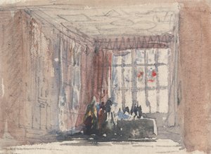A Tudor Room with Figures, Possibly Hardwick Hall or Haddon Hall by David Cox