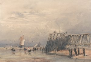 Sailing Barges and Shrimpers off a Pier by David Cox