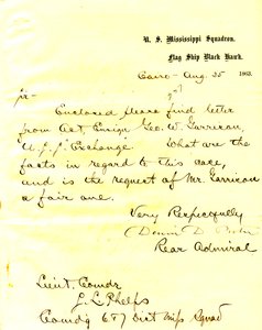 Letter from David D. Porter, U.S.S. Black Hawk, Cairo, Illinois, to Seth Ledyard Phelps, August 25, 1863 by David D. Porter