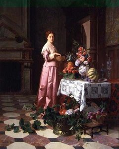 Lady with Fruit and Flowers on a Table
