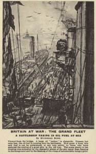 A Battleship Taking in Oil Fuel at Sea, World War I by David Muirhead Bone