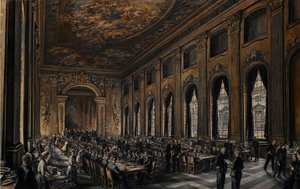 Officers dining in the painted hall during the Second World War by David Muirhead Bone