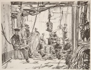 Sailors on a battleship making munitions for the army, illustration from 