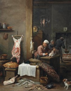 A Kitchen Interior with a Cook Preparing Game at a Table