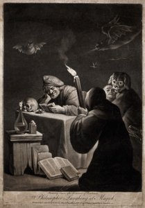 A Man Reading a Book, Smiling; Next to Him a Hooded Man