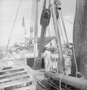 On board an Indian kotia type dhow anchored at Colombo, Ceylon