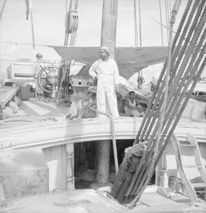On board an Indian kotia type dhow anchored at Colombo, Ceylon