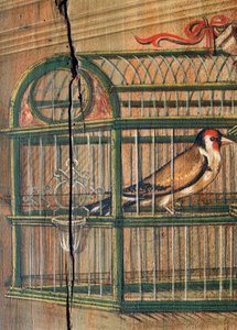 Bird in a Cage, (detail) from a painting by Defendente Ferrari, on the rear section of the 16th century choir, Church of Saint Jerome, Biella