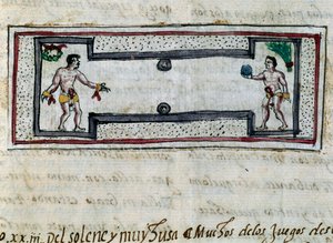 Aztecs Playing Game of Pelota, Miniature from History of Indies (Historia de las Indias) by Diego Duran (1537-1588), Manuscript from 1579 by Diego Duran