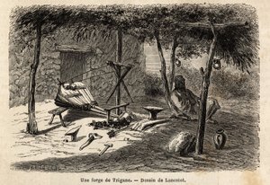 A gypsy forge in the region of Walachia, Romania. Engraving to illustrate the voyage from Paris to Bucharest, by Lancelot, draftsman, in 1860, published in 