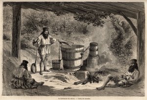 The manufacture of rakiou, cereal alcohol, sort of schnapps very common in Romania. Engraving to illustrate the voyage from Paris to Bucharest, by Lancelot, draftsman, in 1860, published in Le tour du monde, nouveau journal des voyages, under the direction by Dieudonne Auguste Lancelot